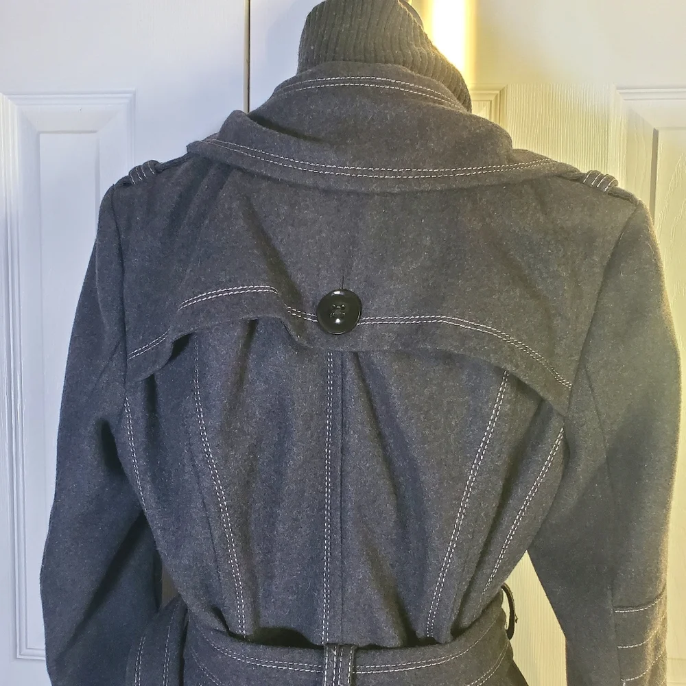 Miss Sixty Gray Wool Blend Belted Womens Coat With Ribbed Bib Collar - Picture 13 of 15